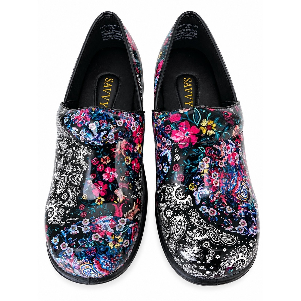 Savvy Nursing Clog Shoes Sz 10 Multi Color Floral Black Slip Resistant Sole NWOT
